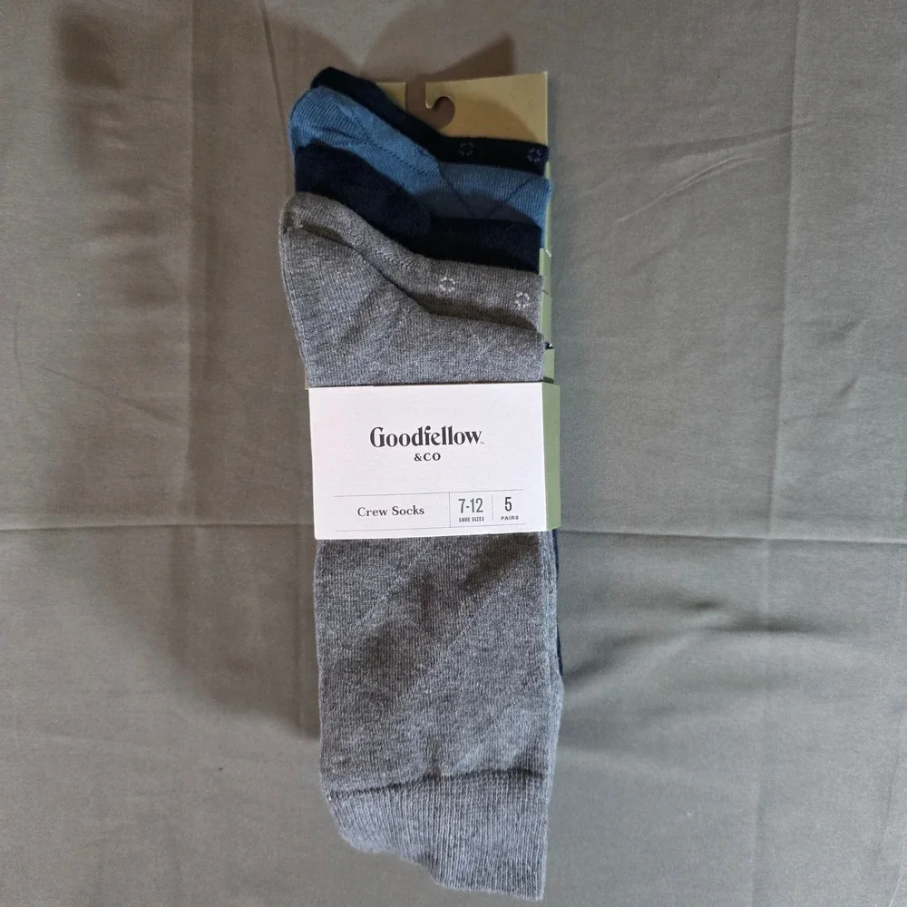 Goodfellow & Co Mens Crew Socks 5 Pair Pack Blue Grey Patterned Size 7-12 NEW